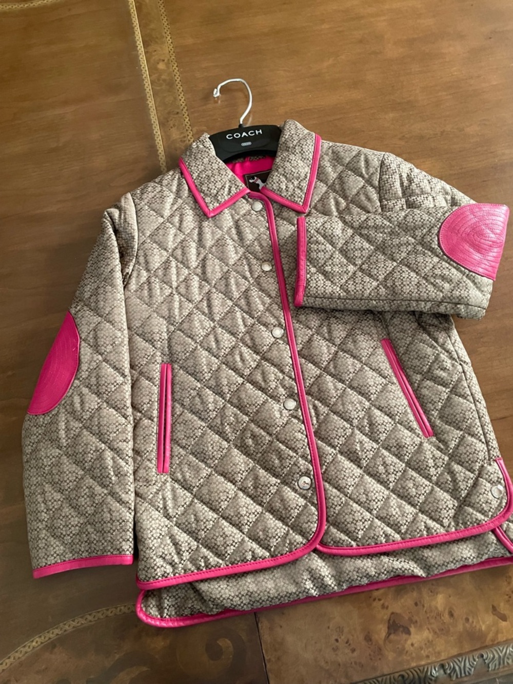 COACH Quilted Beige Jacket with Pink leather Trim